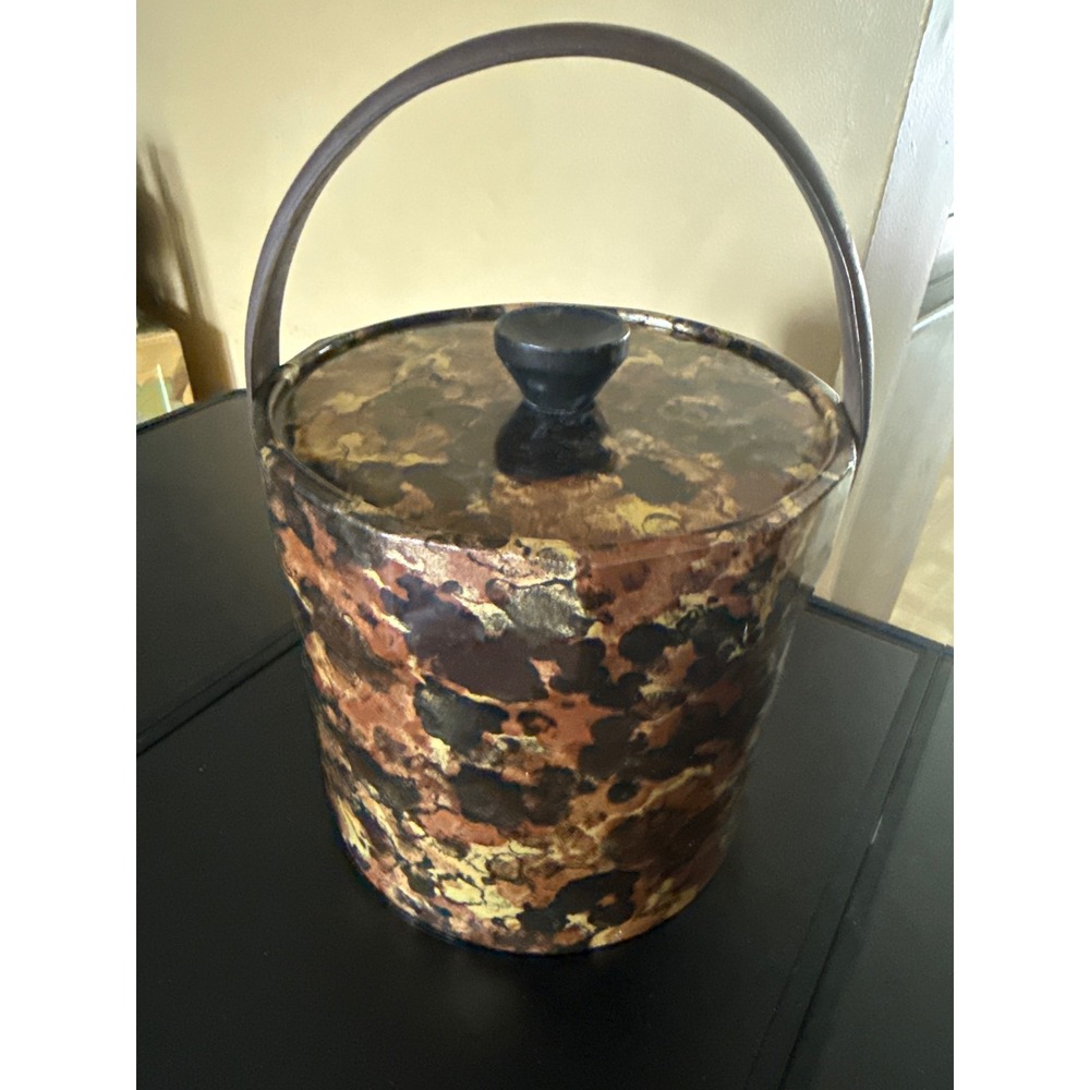 Vintage MCM Tortoiseshell Ice Bucket Brown Gold Faux Marble Barware with Handle‎